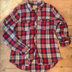 Colin’s Soft Cotton Tartan Plaid Shirt Beaded Pockets, roll-up sleeve, red cream